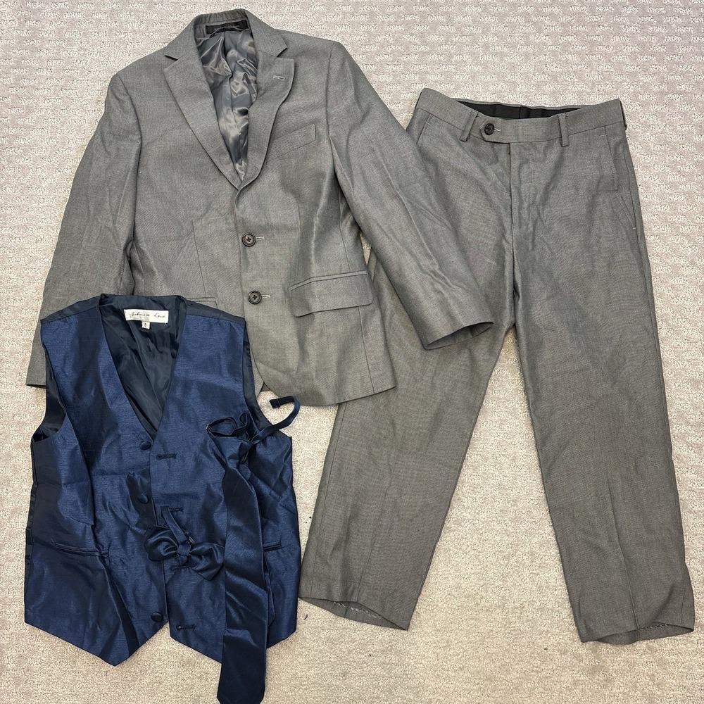 Ralph Lauren Boys 2 Piece Grey Suit Set Size 8R Jacket Pants Blue Vest Tie